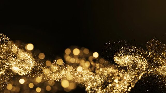 Golden particles swirl and shimmer against a dark background, creating a mesmerizing flow of light and texture that captivates the viewer's attention in a continuous motion