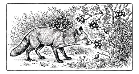 Vintage fox engraving, wild animal in forest with berry bushes, antique woodcut style fox illustration, black and white nature vector art © sajida