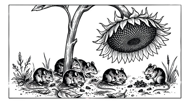 Vintage woodcut illustration of field mice eating seeds under a sunflower, retro engraved style nature scene, black and white botanical vector art