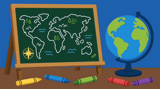 Classroom chalkboard easel with hand drawn world map, globe and colorful crayons, playful geography lesson, school travel learning and exploration concept in bright flat vector style for school kids