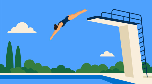 Graceful platform diver vector illustration arcing through blue sky toward swimming pool, high dive tower, clouds, green trees, athletic motion, competition training, summer aquatic sport