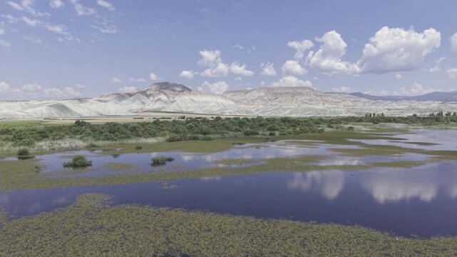 Drone Footage of Nallihan Bird Sanctuary and Rainbow Hills in Ankara Turkey Showing Wetlands and Colorful Geological Landscape