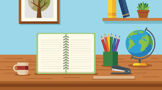 Cozy wooden study desk with open spiral notebook, colored pencils, globe, ruler, stapler, tea mug, books and plants for school planning and creative learning workspace illustration