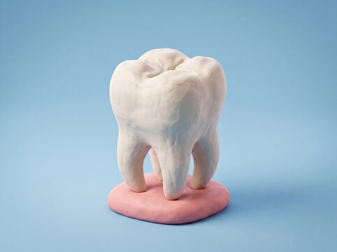 A handcrafted clay model of a molar tooth stands upright on a pink clay tongue base against a soft blue background, illustrating dental anatomy.