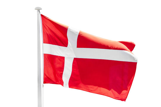 Photo of a red and white Denmark flag waving on a pole isolated on white  background,  cut out