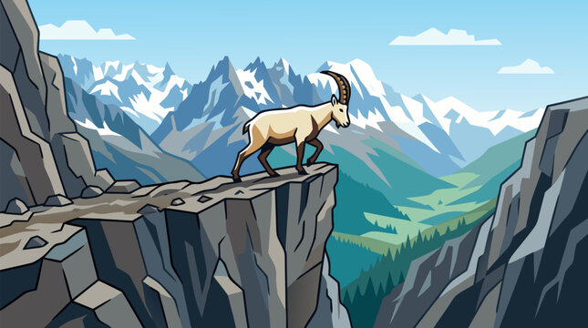 Mountain goat balancing on a narrow rocky alpine ledge above deep valleys and snowcapped peaks, dramatic wilderness adventure scene in crisp stylized vector illustration for outdoor travel design