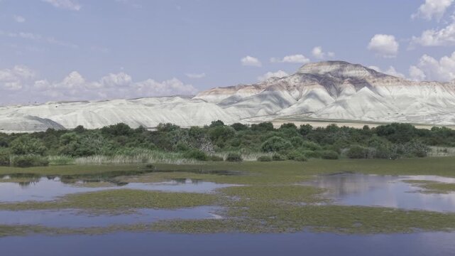 Drone Footage of Nallihan Bird Sanctuary and Rainbow Hills in Ankara Turkey Showing Wetlands and Colorful Geological Landscape