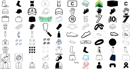 Obraz premium 90 Vector Soccer Gear And Apparel 1 Icon Set Bundle, Single EPS File Of 90 Flat Minimalist Sports Equipment, Team Uniform And Captain Leadership Symbols For Athletic Branding And Apparel Design