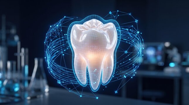 A glowing digital wireframe model of a molar tooth floats above a dental clinic workspace, representing advanced technology in modern dentistry.