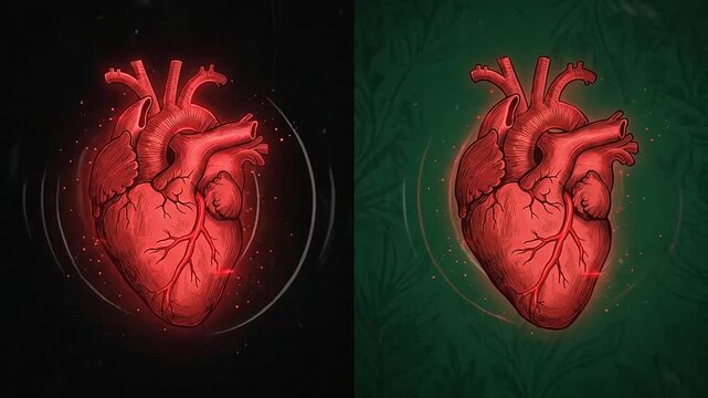 A glowing anatomical heart illustration with rhythmic pulse waves