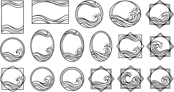 Set of ocean wave frames and nautical borders, collection of circular, rectangular and geometric frames with sea wave illustrations transparent background