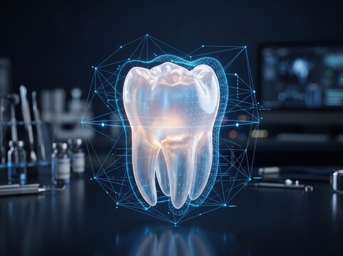 A glowing digital wireframe model of a molar tooth floats above a dental clinic workspace, representing advanced technology in modern dentistry.