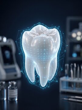 A glowing digital wireframe model of a molar tooth floats above a dental clinic workspace, representing advanced technology in modern dentistry.