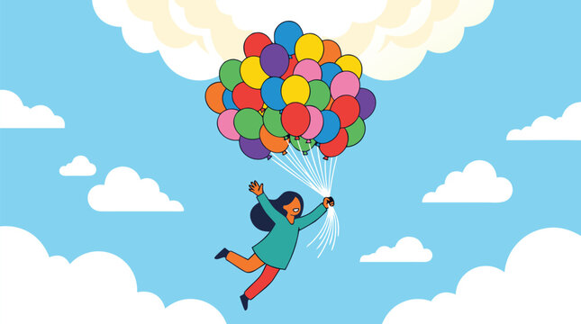Joyful figure floating upward with a vibrant bunch of balloons into soft luminous clouds, whimsical vector concept of freedom, optimism, hope, imagination, escape, and uplifting happiness