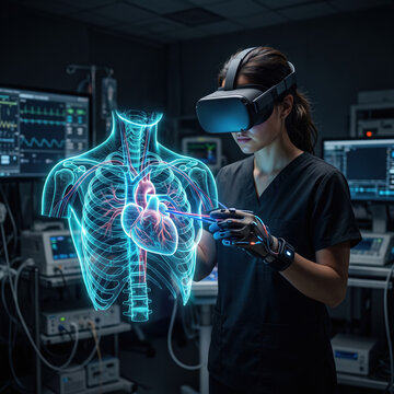 A healthcare professional wears a virtual reality headset while interacting with a glowing holographic display of human internal organs in a clinical setting.
