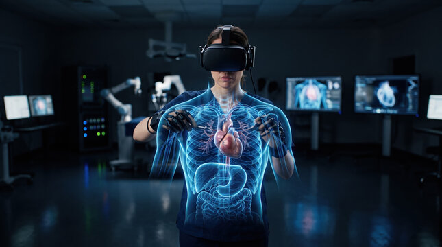 A healthcare professional wears a virtual reality headset while interacting with a glowing holographic display of human internal organs in a clinical setting.