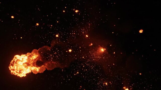Explosive fireball erupts with bright flames and sparks, transitioning through a dark background, showcasing the dynamic movement of fire and debris in a continuous sequence