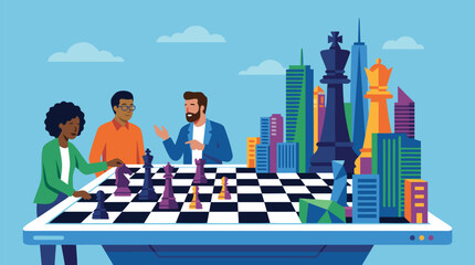 Business strategists arranging chess pieces on a board transforming into a modern city skyline, colorful vector illustration of corporate planning, competition and visionary growth © Saira