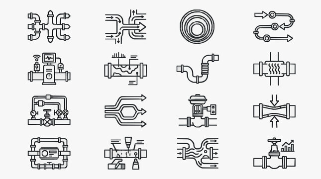 Minimalist Black and White Line Icons Set of Industrial Valves Pipes and Flow Controls for Technical Illustrations