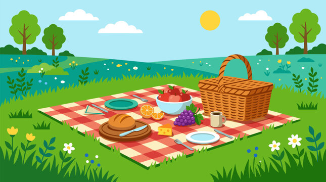 Sunny meadow picnic blanket with wicker basket, fresh bread, fruit, cheese, plates and flowers, cheerful outdoor lunch in rolling green countryside vector illustration for summer relaxation
