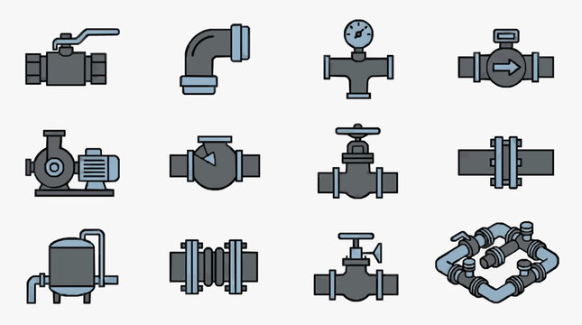 Professional of Various Plumbing Valves Fittings and Equipment in Monochromatic Gray and Black with high quality professional line art symbols for modern creative design and digital branding projects