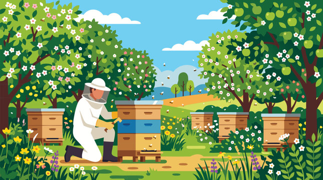 Beekeeper tending colorful wooden hives in a flowering summer orchard, buzzing bees, apple blossoms, wildflowers and sunny countryside apiary vector illustration for honey farming and pollination