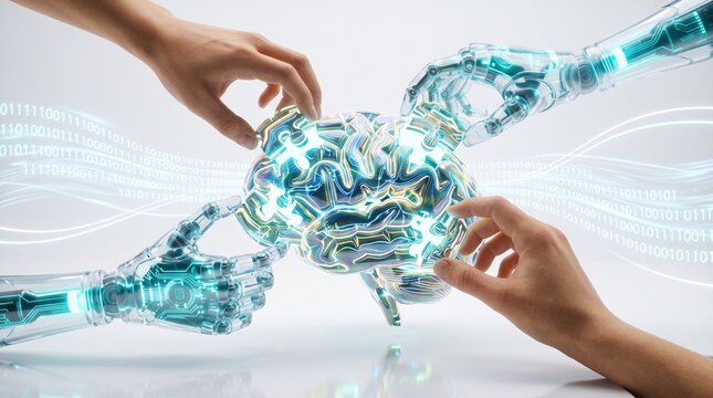 Human and robotic hands work together to piece together a glowing digital brain puzzle, symbolizing collaboration between humans and artificial intelligence.