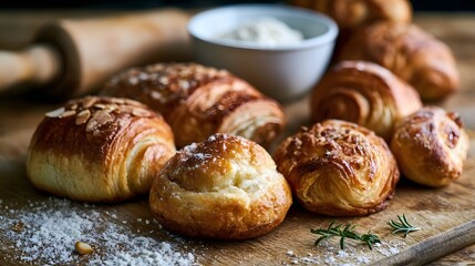 Fototapeta premium Freshly baked golden pastries arranged on a rustic wooden board with scattered flour and rosemary garnish