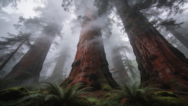 Massive redwood trunks rise into thick fog with low-angle perspective emphasizing their immense scale, ideal for environmental awareness and nature conservation campaigns.
