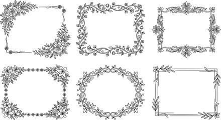 Fototapeta premium Set of handdrawn floral frames and borders for wedding invitations and greeting cards transparent background