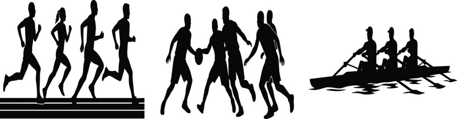 Sports Team and Athletes Silhouettes Vector Set Featuring Running Basketball and Rowing Activity © Mdjoshelahamed4400 