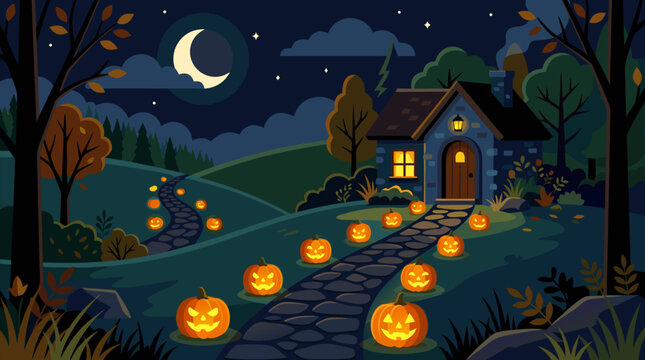 Glowing jack o lantern pumpkins lighting a winding stone path to a cozy cottage door on Halloween night, crescent moon, dark forest, autumn leaves, spooky whimsical vector illustration