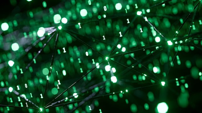Abstract digital network structure illuminated by glowing green binary digits and interconnected nodes