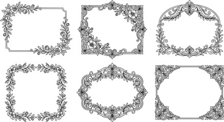 Fototapeta premium Set of ornate floral rectangular and decorative frames with botanical elements transparent background