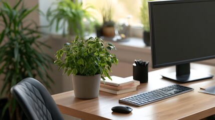 Fototapeta premium A minimalist wooden desk setup featuring a potted plant keyboard mouse and monitor for focused work or study