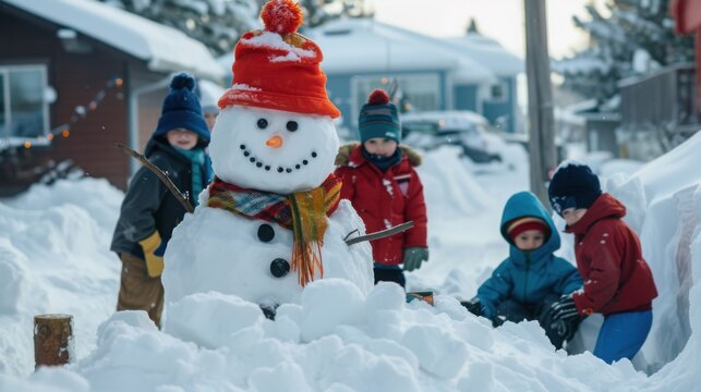 Children building snow fort with cheerful snowman in winter backyard playground