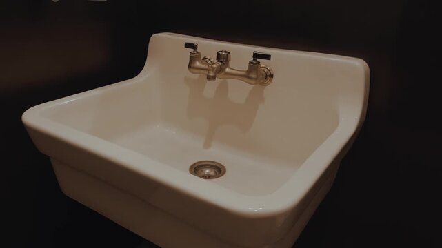 Slow right to left glide past a vintage white utility sink with metal faucets in a dimly lit interior
