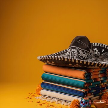 An ornate embroidered sombrero rests atop a stack of colorful striped textile blankets against a vibrant orange background, showcasing traditional craftsmanship.