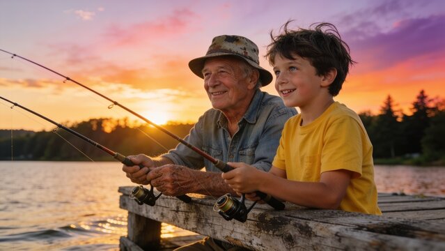 A cheerful grandfather and young grandson hold fishing rods side by side on a rustic dock, sharing smiles as the sun sets behind a forested shoreline.