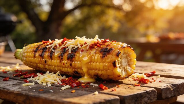 A beautifully charred grilled corn cob topped with melted cheese and chili flakes rests on a rustic wooden table at golden hour, perfect for farm-to-table restaurant promotions.