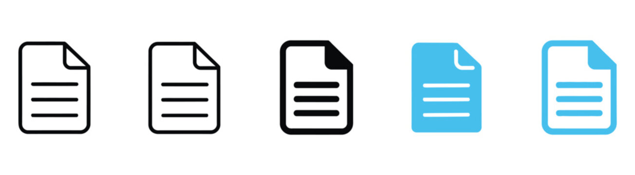Document file icon set, simple pictogram representing digital files, text pages, reports, forms, articles, and office document systems.