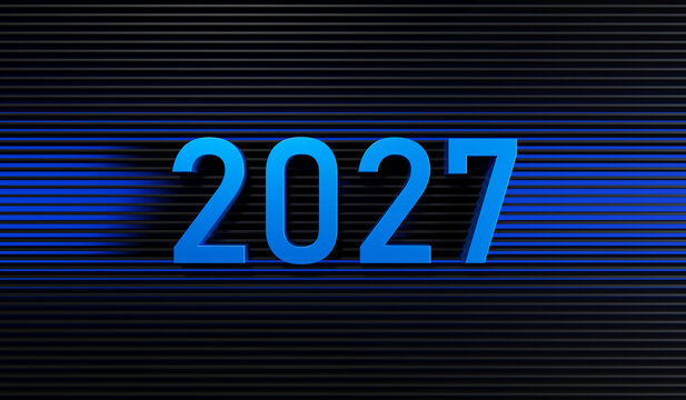 Blue 3D 2027 Text on Black Grooved Horizontal Lines Background - 3D rendering