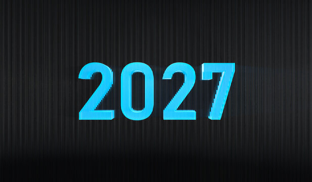 3D rendering of blue 2027 numbers on a black vertical line textured background, happy new year greeting card