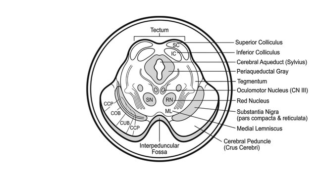 Diagram of Midbrain Cross-Section with Labeled Anatomy