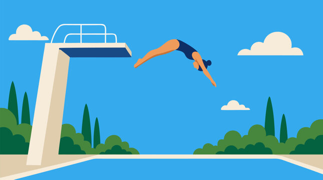 Graceful female diver arcing from a high platform into a bright outdoor pool, flat vector sports scene with blue sky, clouds, greenery and summer competition energy for aquatic event design