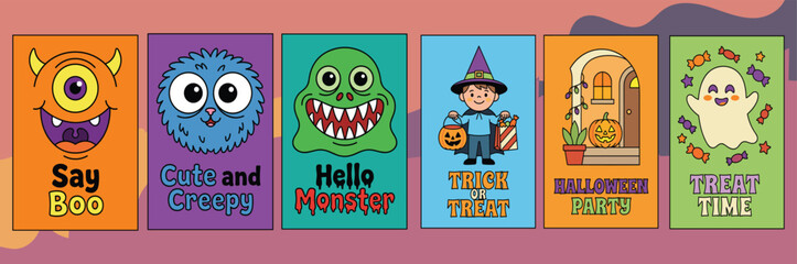Cute Halloween poster set with monster faces and festive greetings © MDSAKIB