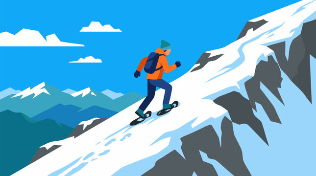 Determined snowshoe runner climbing a steep alpine ridge under bright blue sky, snowy mountain adventure vector illustration with rugged peaks, winter fitness, endurance and outdoor exploration