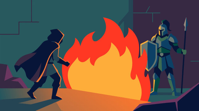 Hooded cyber intruder stopped by a blazing glowing firewall as an armored guardian with shield and spear defends a dark network gate, dramatic vector metaphor for cybersecurity protection