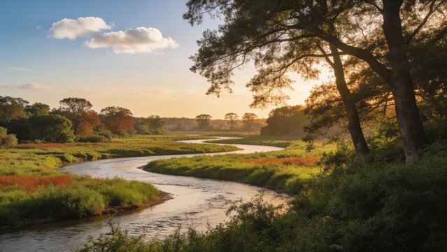 A serene winding river flows through lush green meadows at golden hour, framed by mature trees and distant autumn foliage under a partly cloudy sky, ideal for travel and wellness campaigns.
