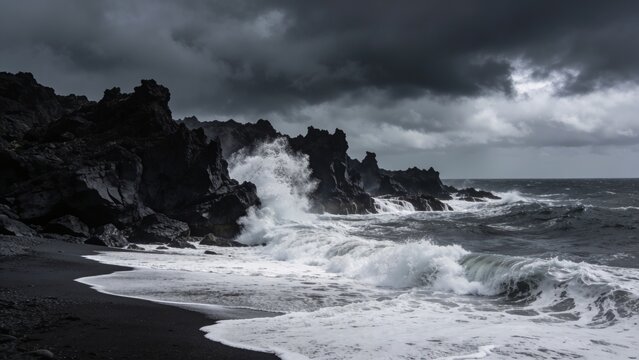 Dramatic storm clouds loom over a black sand beach where fierce waves pound against dark volcanic rock formations along a remote and moody coastline.